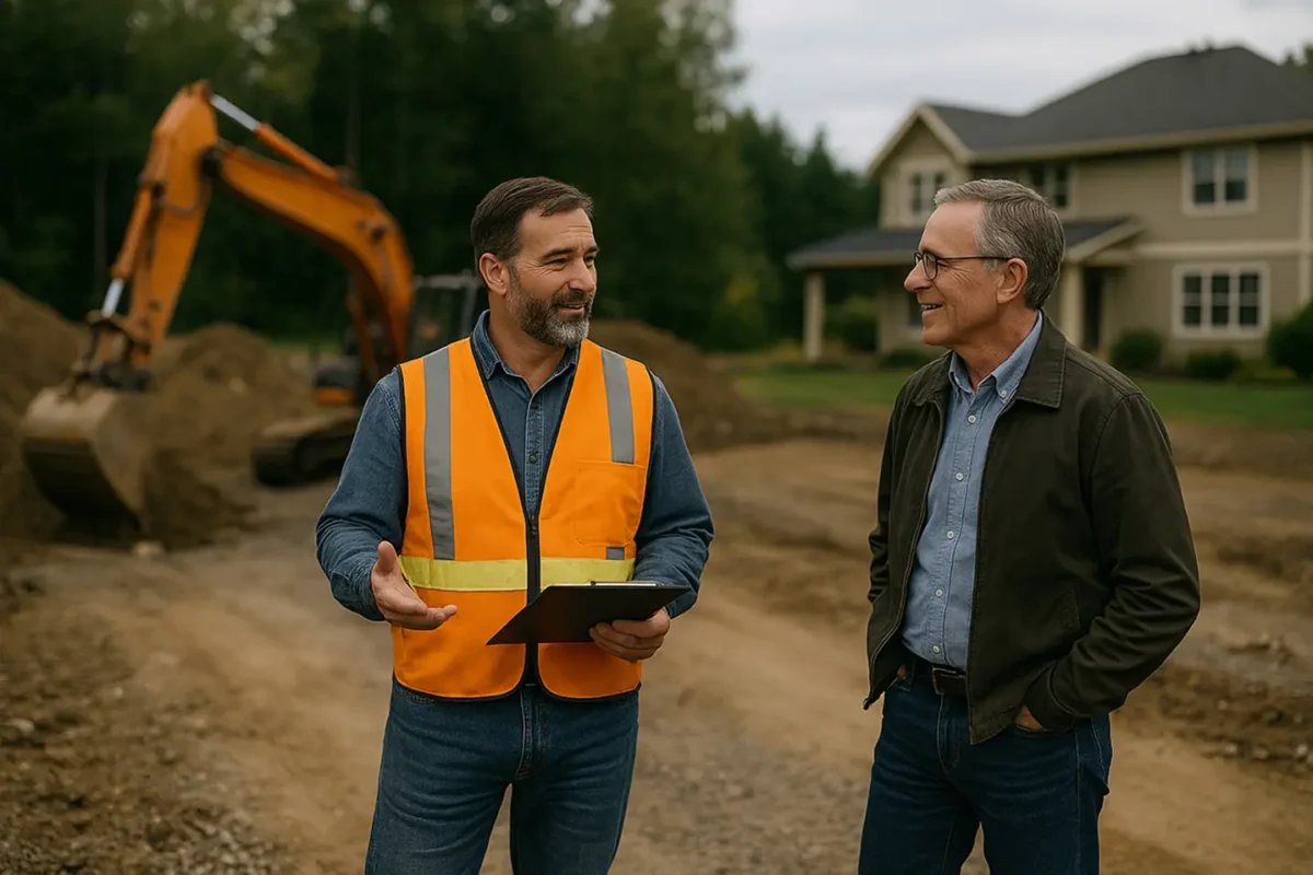 Worker talking with homeowner with excavator in the background
